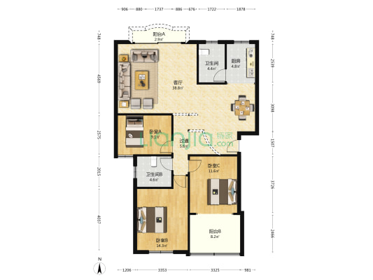 长城花园 3室1厅2卫 122平方