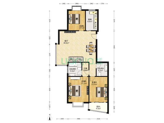 城市生活家南区 3室1厅2卫 130平方