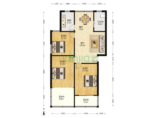 虹桥南村 3室2厅1卫 105平方