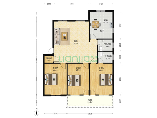 江滨花园A区 3室1厅2卫 140平方