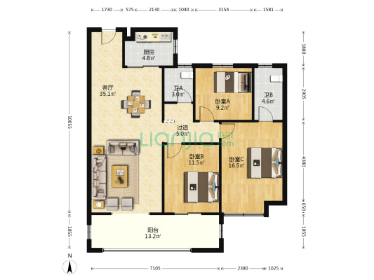 唐韵宅邸 3室1厅2卫 125平方