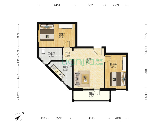 和平西街1号院 2室1厅1卫 74平方