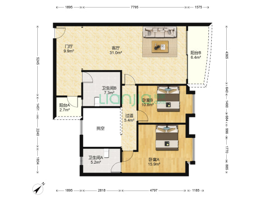 康富花园十二期康翠名邸 2室1厅2卫 115平方