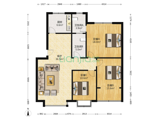 坤达小区 3室1厅2卫 116平方