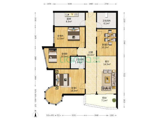意创大厦 4室1厅2卫 132平方