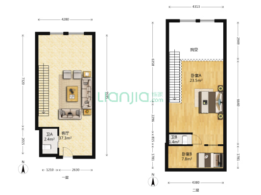 名城广场 2室1厅2卫 61平方