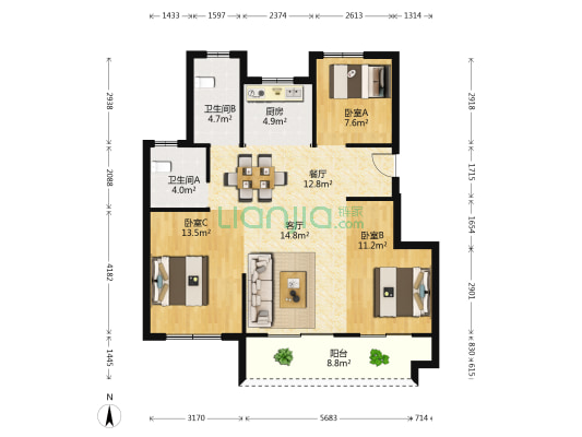 龙湖蔚澜香缇 3室2厅2卫 97平方