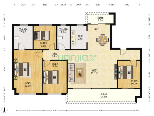 建业碧桂园天玺 4室1厅2卫 165平方