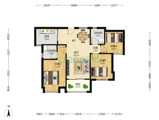 建发悦府 3室1厅2卫 89平方