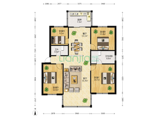 省政府家属院 4室2厅2卫 107平方