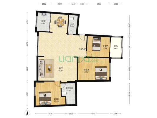 银河公寓 3室1厅2卫 100平方