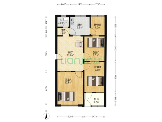 黄家庄二建宿舍 3室1厅1卫 76平方