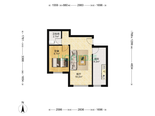 晨曲花苑 1室1厅1卫 60平方