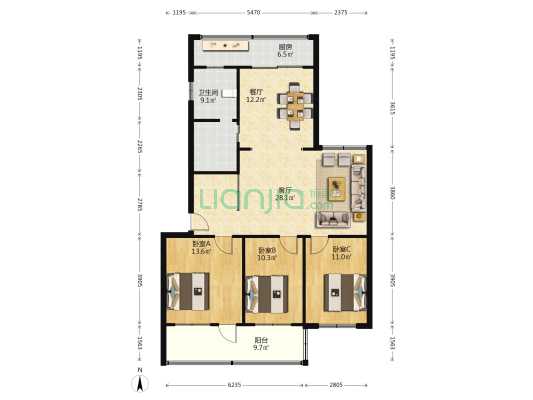 金盾公寓 3室2厅1卫 115平方
