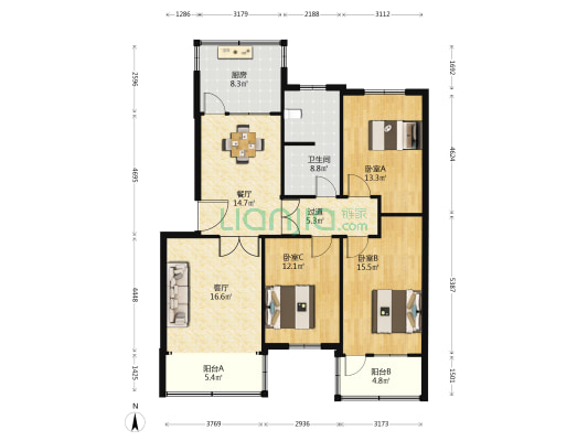 二七新村南路18-1号 3室2厅1卫 129平方