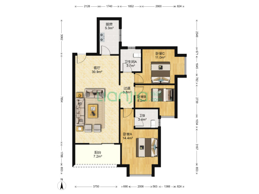 鑫苑木莲世家 3室1厅2卫 111平方