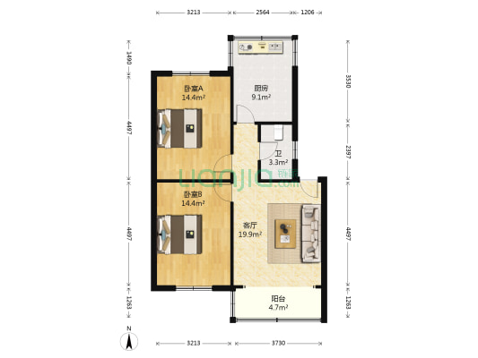 和平村31-32号 2室1厅1卫 65平方