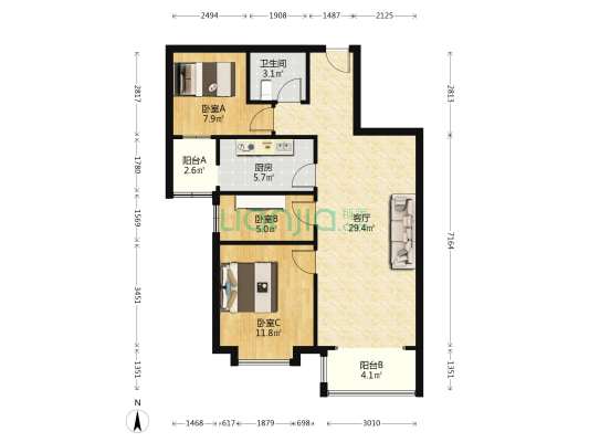带装修 朝阳小三居 拎包入住 央企社区人车分流-户型图