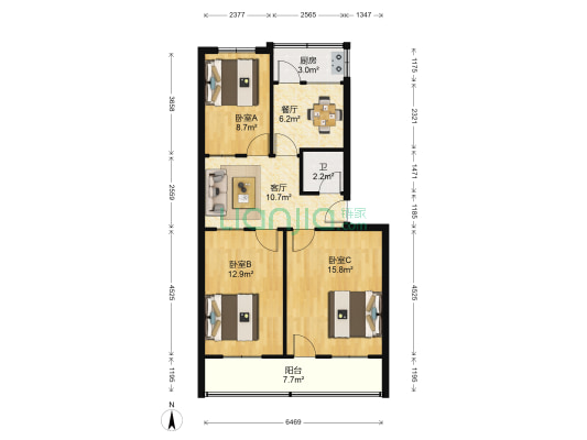 市卫健委宿舍 3室2厅1卫 80平方