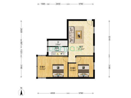 共和南路 2室1厅1卫 59平方