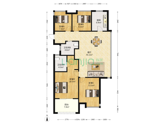 滨江万家名城二期 4室1厅2卫 130平方