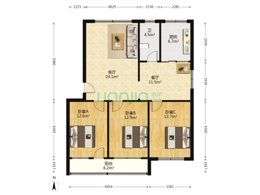 西园小区 3室2厅1卫 110平方