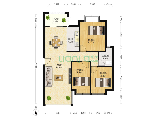 山水芳邻 3室1厅1卫 94平方