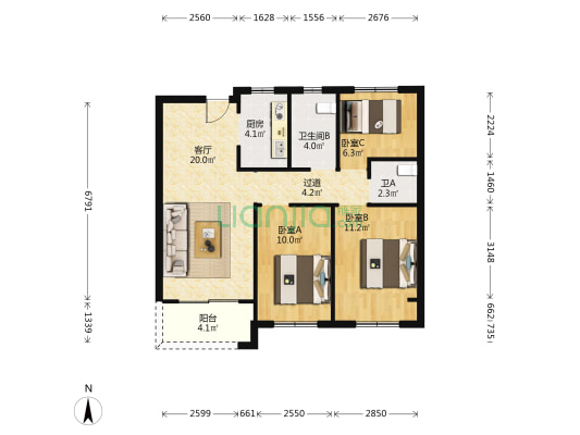 融信江湾城三期 3室2厅2卫 90平方