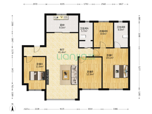 名门 3室1厅2卫 143平方