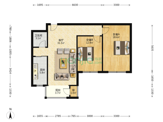 河景馨园北区 2室1厅1卫 94平方