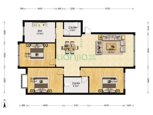 明玉家园 3室2厅2卫 135平方