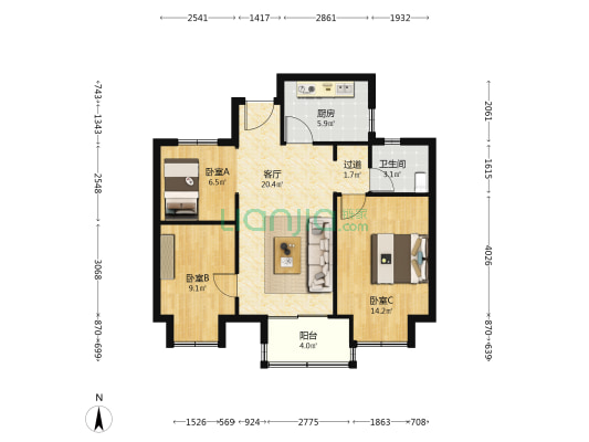 瑞福城凤仪东园 3室1厅1卫 87平方