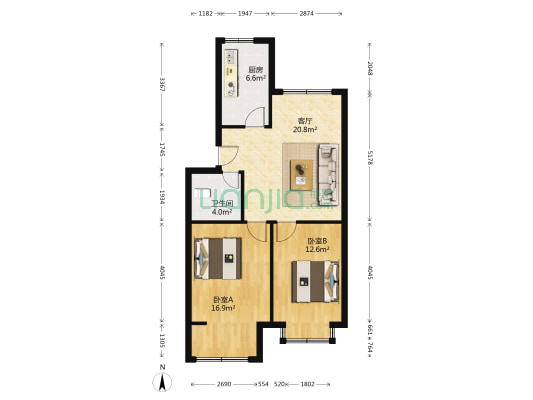 滨河庄园 2室1厅1卫 76平方