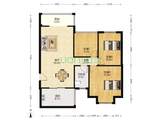 卡地亚公馆 3室1厅1卫 105平方