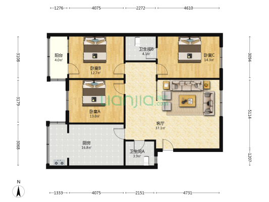 聚贤山庄 3室1厅2卫 128平方