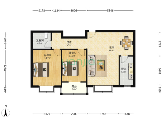 盛安嘉园 2室1厅1卫 99平方