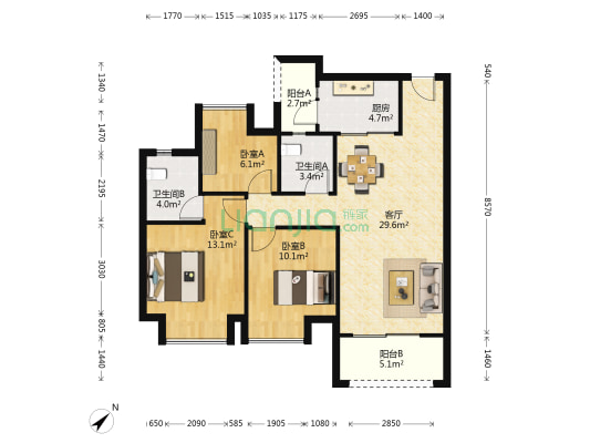 龙湖春江彼岸 3室1厅2卫 109平方