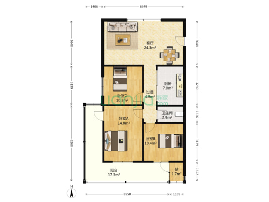 和平西路100号 3室1厅1卫 100平方