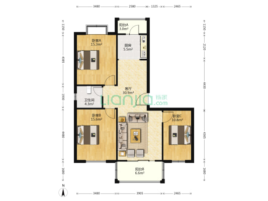 宏图上逸园 3室1厅1卫 108平方