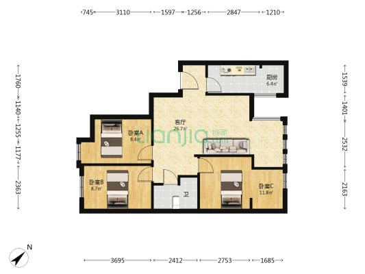 武阳郡邸A区 3室1厅1卫 80平方