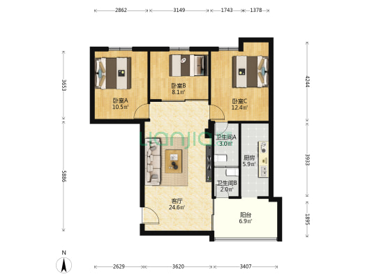上海大道197号 3室1厅2卫 90平方