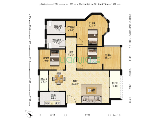 东原电梯洋房大三房，住家装修，业主诚心出售，-户型图