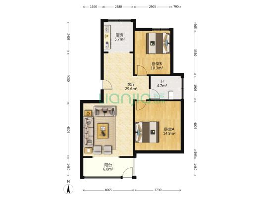 东方御园 2室1厅1卫 90平方
