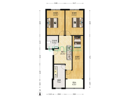 洪山制药厂 3室1厅1卫 89平方
