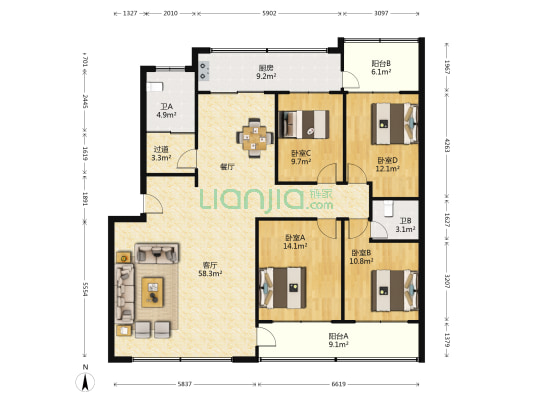 法院小区（潍城区） 4室1厅2卫 166平方