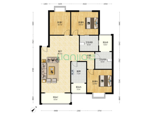 江都花园 3室1厅2卫 143平方
