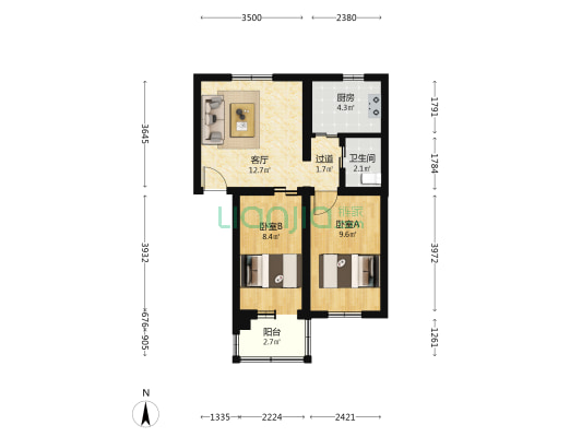 昊天大街118号 2室1厅1卫 54平方