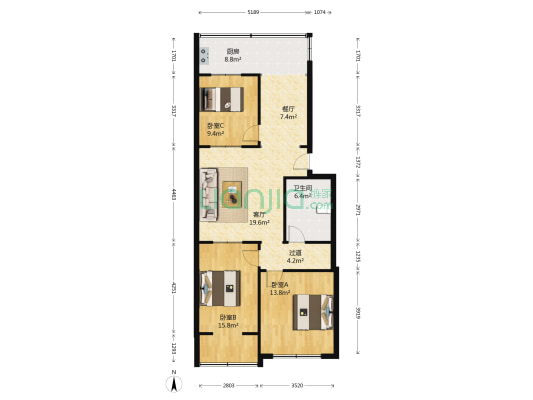 华荣小区 3室2厅1卫 100平方