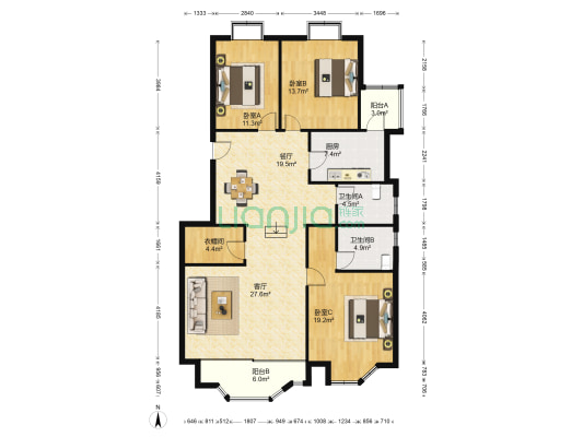 湖畔花园闻莺苑 3室2厅2卫 154平方