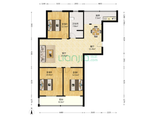 康平御园 3室2厅1卫 127平方